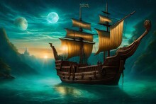 Envision A Captivating Scene Of A Mystic Pirate Ship Adrift On The Enchanting Turquoise Waters Of A Magical Realm- AI Generative