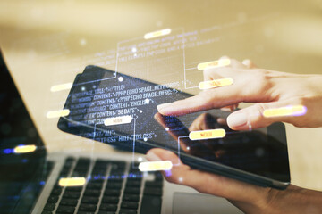 Aufkleber - Multi exposure of abstract software development hologram and finger presses on a digital tablet on background, research and analytics concept