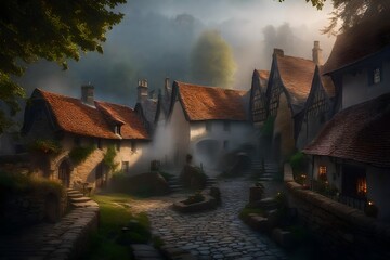 Wall Mural - Medieval village, a quaint cluster of stone cottages nestled along cobblestone streets - AI Generative