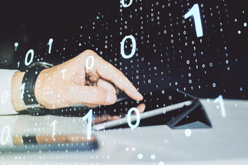 Aufkleber - Creative abstract binary code sketch and hand working with a digital tablet on background, hacking and matrix concept. Multiexposure