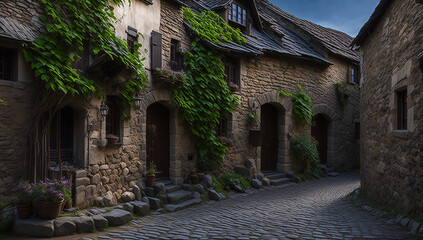 Wall Mural - Medieval village, a quaint cluster of stone cottages nestled along cobblestone streets - AI Generative