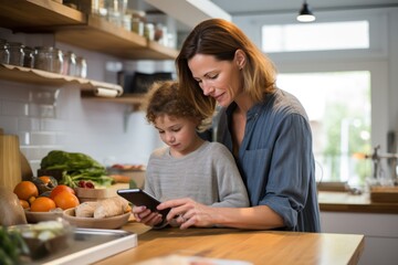 Poster - Modern mom skillfully handles online grocery tasks on phone with child nearby
