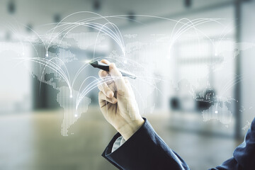 Poster - Double exposure of man hand with pen working with abstract digital world map hologram with connections on blurred office background, research and strategy concept