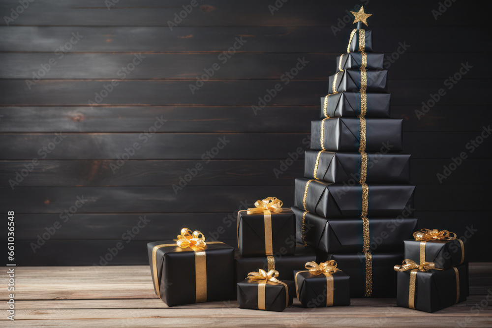 black gift boxes with golden ribbons stacked in a pyramid shape forming ...