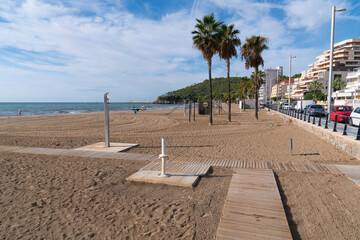 Canvas Print - Beach with shower and water Oropesa del Mar Castellon province Valencia region Spain