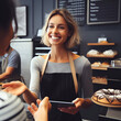 
A candid shot of a smiling female baker, who's also the shop owner, offering exemplary customer service as she hands a customer their order in her retail store/ Not real people, AI generated
