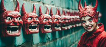 Enchanting Mischievous Little Girl In Devil Costume, With A Smirk, Standing Before A Wall Covered With Red Horned Devil Masks.