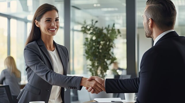 happy smiling mid aged business woman manager handshaking greeting client in office. smiling female 