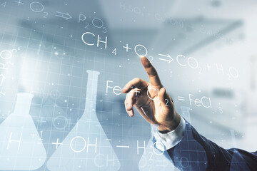 Poster - Man hand working with abstract virtual Creative chemistry hologram on blurred office background. Multiexposure