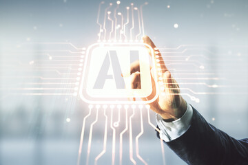 Aufkleber - Man hand working with abstract virtual artificial Intelligence symbol hologram on blurred office background. Multiexposure