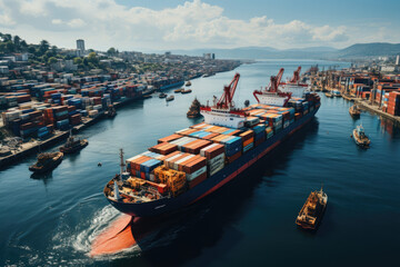 Logistics and Transportation Hub: A bustling international port with ships, containers, and advanced technology, representing the global movement of goods and the intricate logistics.