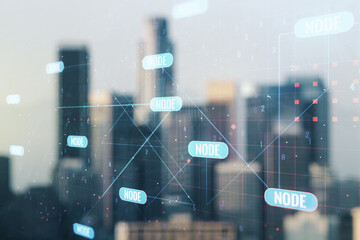 Poster - Abstract virtual coding illustration on blurry skyscrapers background, software development concept. Multiexposure