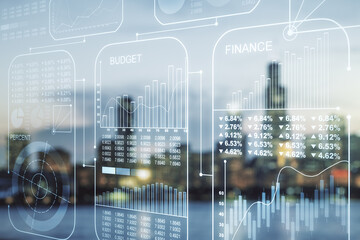 Poster - Multi exposure of stats data illustration on blurry skyline background, computing and analytics concept