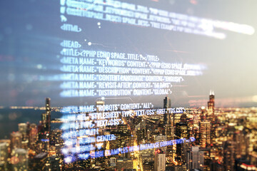 Poster - double exposure of abstract creative programming illustration on chicago office buildings background