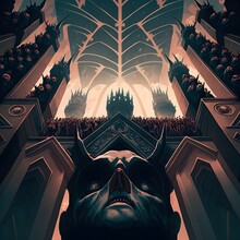 Symmetrical Dramatic Upward Angle Of Crowd Looking Up At Gothic Balcony King Speech In Hell In Painterly Anime Style 