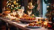 © Marin Zhu - Christmas Dinner table full of dishes with food and snacks, New Year's decor with a Christmas tree on the background