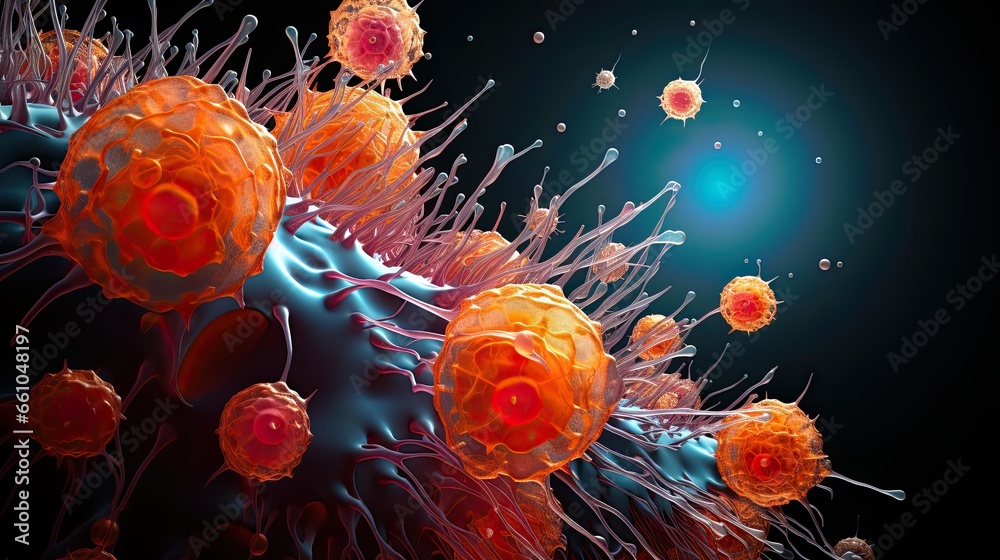 Microscopic macroscopic close view of cells attacked by virus and ...