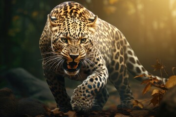 Wall Mural - Large Leopard Walking in Forest