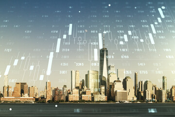 Poster - Abstract virtual analytics data spreadsheet on New York cityscape background, analytics and analysis concept. Multiexposure
