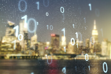Aufkleber - Abstract virtual binary code sketch on blurry office buildings background, hacking and matrix concept. Multiexposure