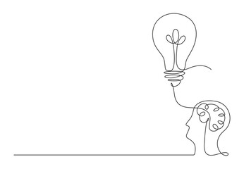 Poster -  Continuous one line drawing light bulb symbol idea. The concept of thinking ideas inside the person's head. Isolated on white background vector illustration. Pro vector. 