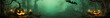 Halloween Banner, gruselig festlicher Hintergrund mit geschnitzten, beleuchteten Kürbissen im Gift grünem Wald mit Fledermaus, Platz für Text