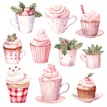 Set Of Christmas Cupcakes Drinks Hot Chocolate, Beverages, Pink Grey Watercolor Vectors