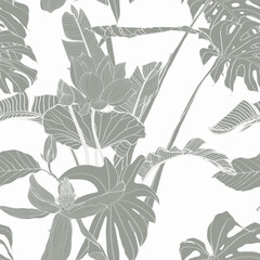 Wall Mural - Tropical exotic floral line palm leaves and flowers seamless pattern, line background. Exotic jungle wallpaper.	