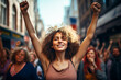 In the midst of a vibrant protest, a woman raises her arms, her armpit hair a symbol of her feminist stance, amidst a crowd advocating for gender equality and self-determination. 