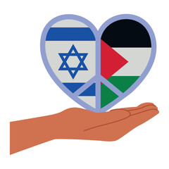 Wall Mural - israel and palestine flags in peace heart with hand