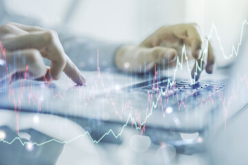 Poster - Double exposure of abstract creative financial diagram with hand typing on computer keyboard on background, banking and accounting concept