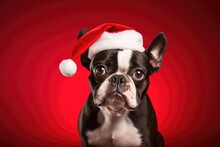Happy And Cheerful Boston Terrier Dog In A Santa Claus Hat On Clear Bright Red Background. Christmas Pet. Happy New Year Concept. Festive Banner Or Backdrop With Copy Space