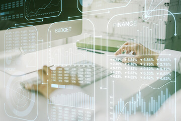 Poster - Double exposure of abstract creative statistics data hologram with hands typing on laptop on background, statistics and analytics concept