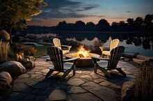 Lawn Chairs Around A Fire Pit With A Lake On The Side At Sunset Moment, Cozy Concept