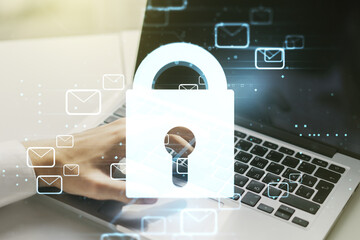 Poster - Creative lock sketch with email symbols hologram and hands typing on computer keyboard on background, protection of personal data concept. Multiexposure