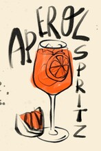 Classic Aperol Spritz Cocktail In Glass With Slice Of Orange. Summer Italian Aperitif. Alcoholic Beverage. Retro, Vintage Style. Hand Drawn Illustration. Poster, Print, Banner, Design Template