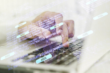 Poster - Multi exposure of abstract software development hologram with world map and hands typing on computer keyboard on background, global research and analytics concept