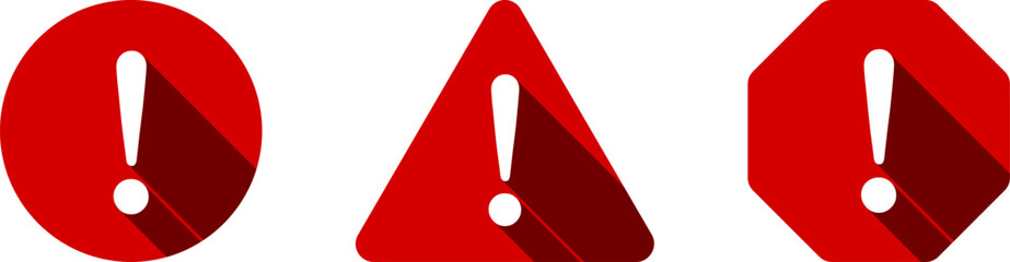 Poster - red white round circle octagonal and triangular warning or attention caution sign with exclamation m