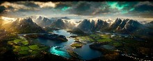 Aerial View Of A Norwegian Landscape With Fjords And High Mountains Photorealistic Aurora Borealis Intricate Detail Hyper Realistic Render Visualization Mountains Hdr 8k Epic 8k Realistic Extreme 
