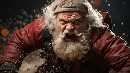 
Close-up portrait of an evil Santa Claus. Character from New Year and Christmas fairy tales. A dissatisfied person judges or shouts. Concept: aggressive, unpleasant person.