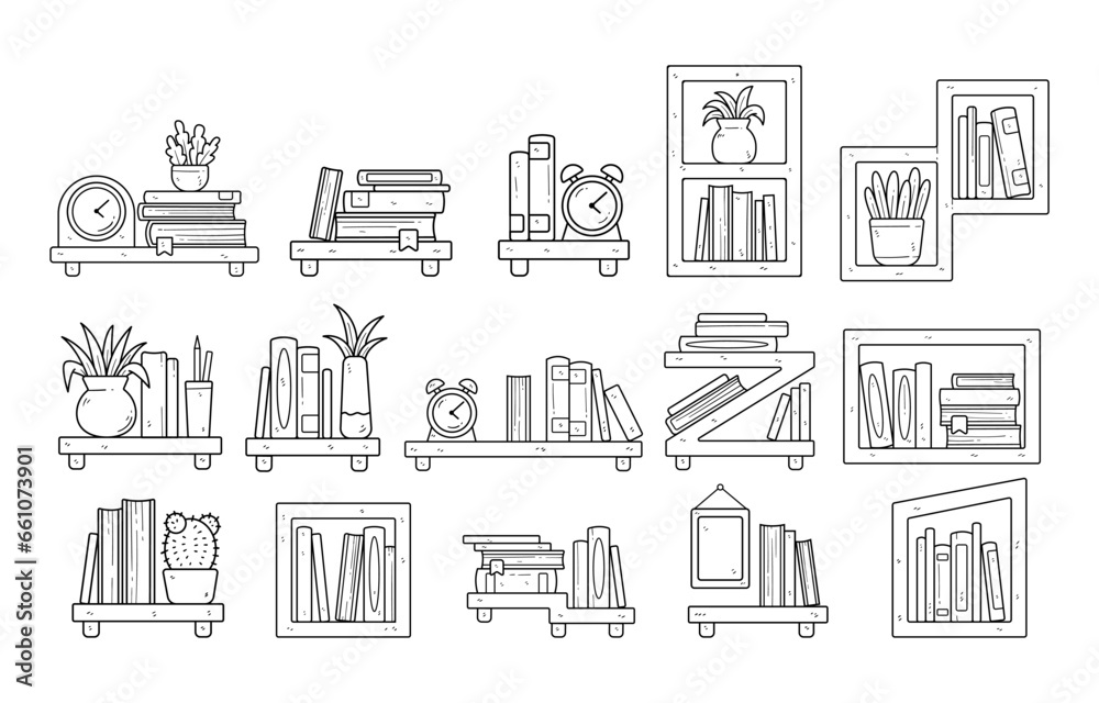 Set of bookshelves decoration with a hand-drawn outline sketch illustration