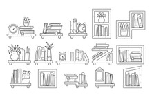 Set Of Bookshelves Decoration With A Hand-drawn Outline Sketch Illustration