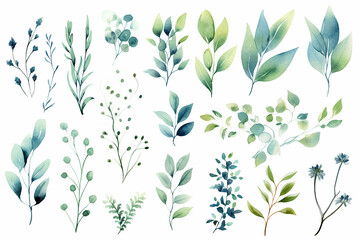 The digital watercolor illustration of various green, blue, and brown leaves with flowers plants patterns for decoration isolated on a white background, generated by AI.