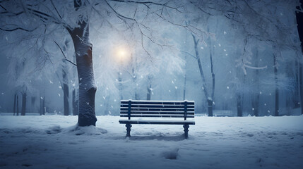 Wall Mural - Bench in the winter snow park