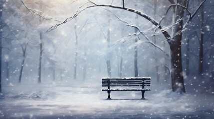 Wall Mural - Bench in the winter snow park