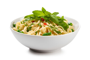 Wall Mural - Bowl of noodles sprinkled with green leaves on a Transparent or white background, Generative AI