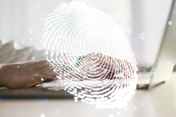 Poster - Multi exposure of abstract graphic fingerprint sketch with hands typing on computer keyboard on background, fingerprint scan data concept