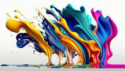 abstract background with splashes,  Abstract colorful bright vivid colors liquid acrylic paint motion flow on white background, Ai generated image 