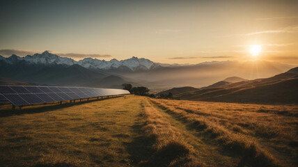 panoramic view of landscape with solar panels at sunset in the mountains, concept of sustainability and renewable energy
