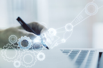 Aufkleber - Creative concept of robotics technology and hand writing in notebook on background with laptop. Robot development and automation concept. Multiexposure